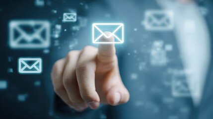 Businessman Touching Virtual Email Icon with Blurred Mail Symbols in Background Representing Digital Communication and Modern Technology Concepts