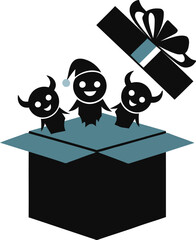 Christmas surprise illustration featuring three stylized mischievous elf-like or devilish figures popping out of an opened gift box.