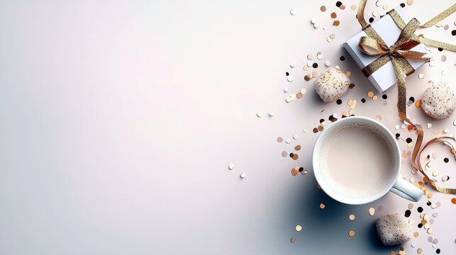 A top-down view of a white mug filled with a creamy beverage, surrounded by a white gift box tied with a gold ribbon, small pastries, and scattered gold and sil