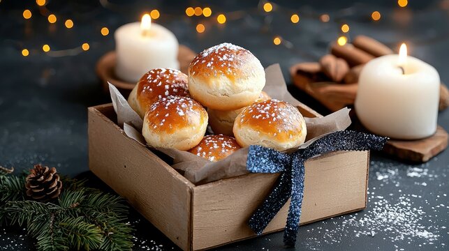 A cozy Christmas scene featuring freshly baked buns in a wooden box, illuminated by candles and decorated with festive elements like pine branches and sugar dus