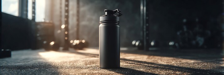 Determination fitness bottle mockup on gritty gym floor with spotlight and shadow play