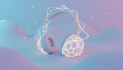 Abstract Headphones with Glowing Orb in Dreamy Landscape.