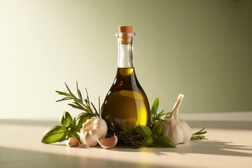 Glass bottle of olive oil with garlic and herbs cork