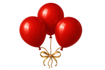 Three red balloons tied with a golden ribbon, floating for a celebration event or birthday party against a transparent background