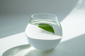 Clear glass bowl with green leaf floating in water