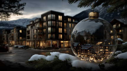 Modern Alpine Apartment Reflection in Bauble Resting on Snowy Pine Branch at Dusk