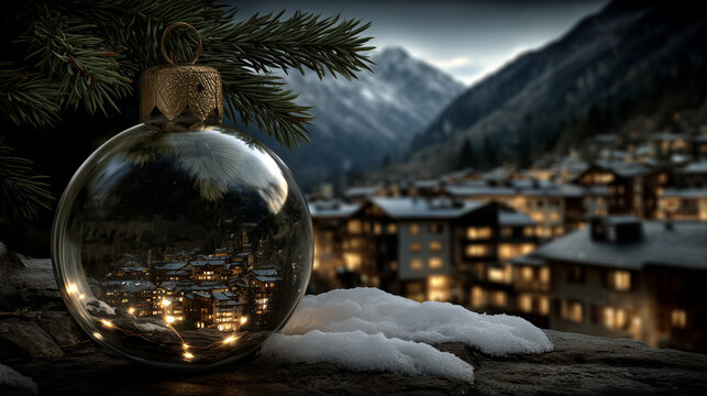 Clear Christmas Ornament with Miniature Illuminated Village Scene on Snowy Rock - Powered by Adobe