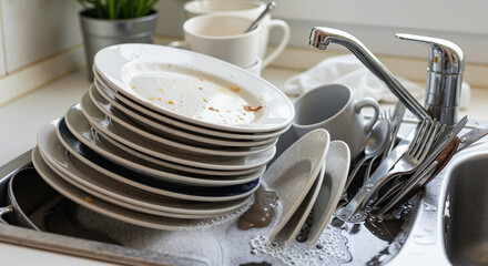 Kitchen sink overflowing with dirty dishes and stacked plates  