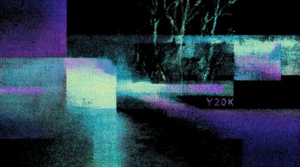 A digital abstract image featuring glitch art with vibrant colors and distorted shapes, evoking a sense of chaos and creativity.