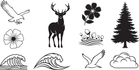 set of deer and natural element silhouettes