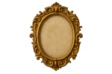 Gold oval picture frame with ornate baroque decoration, vintage design on a transparent background