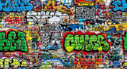 Graffiticovered brick wall with overlapping vibrant lettering and chaotic spray paint drips