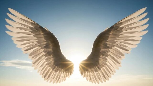 Angel wings with sunlight shining through, creating a divine and ethereal atmosphere against a clear sky