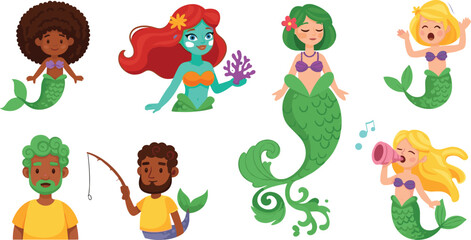 Cartoon mermaids and mermen with diverse hairstyles, accessories, and poses in whimsical underwater character set illustration