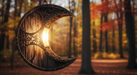 Mystic Crescent Moon Lantern in Autumn Forest