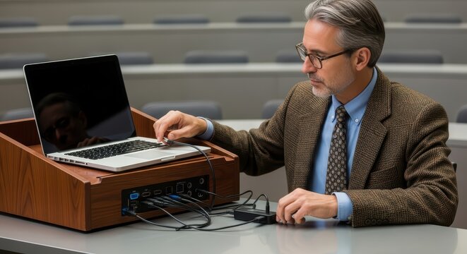 Caucasian mature male with laptop in lecture hall, setting up av equipment
