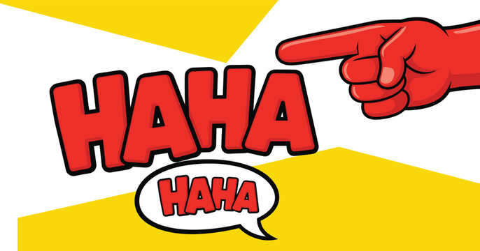 Cartoon red hand pointing with bold HAHA text and speech bubble on yellow dynamic background, comic laughter concept