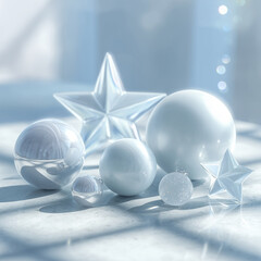 Photorealistic frosted glass Christmas shapes — stars & baubles