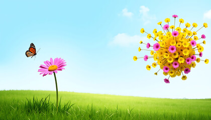 Butterfly and Exploding Floral Bouquet in Spring Meadow