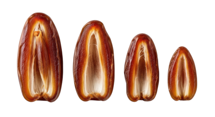 Four halved dates showing seeds transparent background cutout png