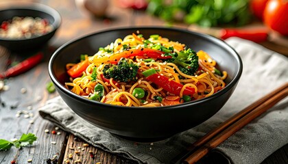 A close-up shot of a black bowl filled with vibrant stir-fried noodles, mixed with colorful vegetables like broccoli, red bell peppers, and peas, garnished with
