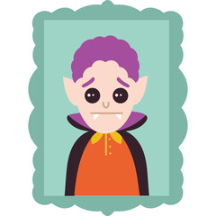 Pixelated Portrait of a Fictional Vampire Character With Purple Hair and Fangs Wearing an Orange Shirt and Black Cape Against a Teal Scalloped Frame