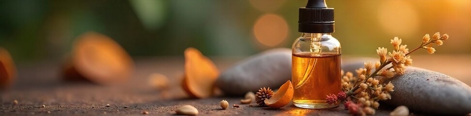 Luxurious Essential Oil Bottle with Dropper, surrounded by Dried Flowers and Stones, Warm Lighting, Tranquility, Holistic Therapy