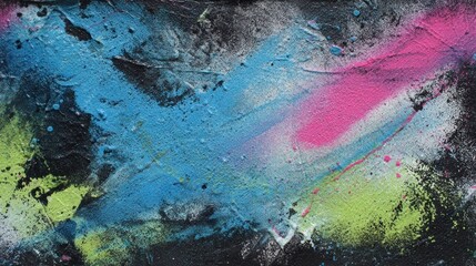 An abstract artwork featuring vibrant splashes of blue, pink, and green against a dark background, showcasing dynamic textures and colors.