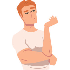 Fototapeta premium Pixelated Portrait of a Thoughtful Man With Auburn Hair Wearing a Light Pink T Shirt With His Arm Folded and Hand Raised Questioning With a White Background