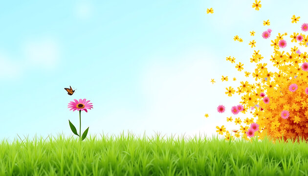 Butterfly and Exploding Floral Bouquet in Spring Meadow - Powered by Adobe