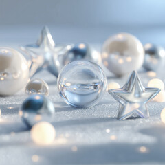 Photorealistic frosted glass Christmas shapes — stars & baubles