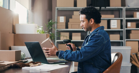 Ecommerce, box and scan with man in warehouse for delivery information, distribution and courier....