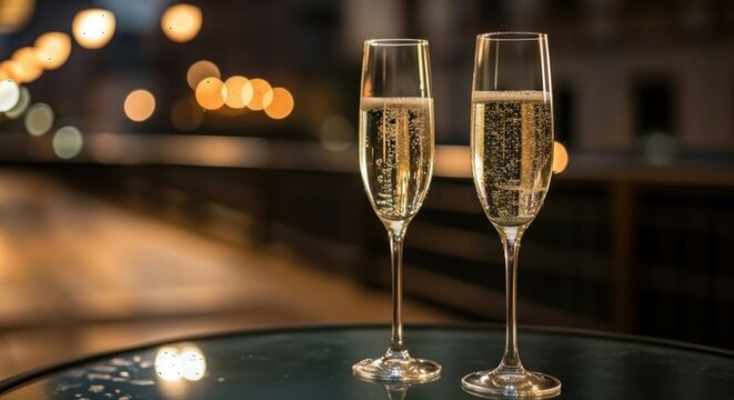 Two champagne flutes filled with bubbly wine on a table at night