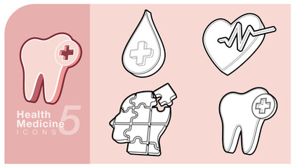 Set of outlined 3D vector icons focused on dental health, blood donation, heart rate and mental health, puzzle concept. Perfect for medical and healthcare visual designs. Vector illustration.