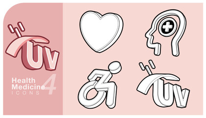 Set of outline 3D vector icons representing health and medical concepts, including heart shape, mental health, UV protection and disability access symbols. Suitable for medical, healthcare design.