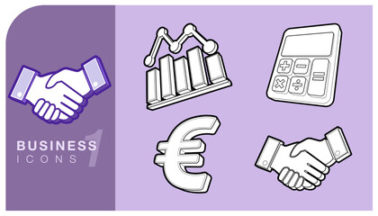 Collection of business finance and calculations icons including a handshake, financial graph, the Euro currency and calculator. These icons represent key business and financial concepts. Vector EPS.