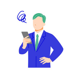 スーツのビジネスマンがスマホを使って困っている表情イラスト。フラットデザイン