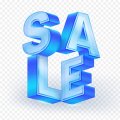 Shiny 3D blue glass SALE text design on a transparent background. Modern, bold promotional typography suitable for advertising, marketing banners and discount campaigns. Vector illustration.