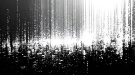 An abstract black and white image featuring vertical lines and light, creating a dynamic, shimmering effect resembling a digital landscape.