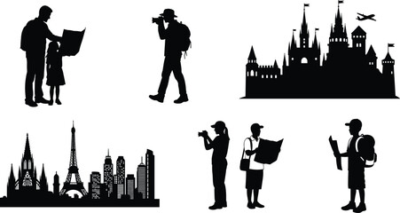 Tourist silhouettes exploring landmarks with maps and cameras, travel adventure people vector set featuring city skyline, castle, and vacation exploration themes © Itz Marjia