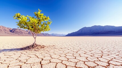 A solitary, vibrant green tree stands resiliently in a vast, arid desert landscape with cracked earth and distant mountains under a clear blue sky.