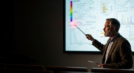 Mature caucasian male presenting data analysis in classroom setting