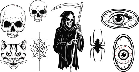 Grim Reaper and horror elements in black and white Halloween illustration featuring skulls, spiders, cat, and eerie eyeballs