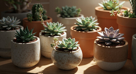 Succulent plants in various pots illuminated by soft natural light