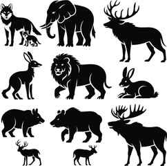 Wildlife animal silhouette vector set featuring bear, lion, elephant, deer, wolf, rabbit, moose and forest creatures for design projects