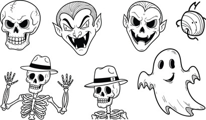 Halloween cartoon character set with skulls, vampires, mummies, skeletons, and ghost in black-and-white spooky illustrations