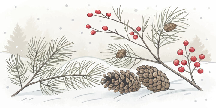 Vector  christmas  winter scene with pine cones berries and snow covered branches art - Powered by Adobe