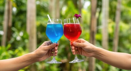Two colorful cocktails clinking glasses outdoors with lush greenery background