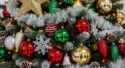 Close-up of a beautifully decorated Christmas tree with colorful ornaments, lights, and a golden star topper.