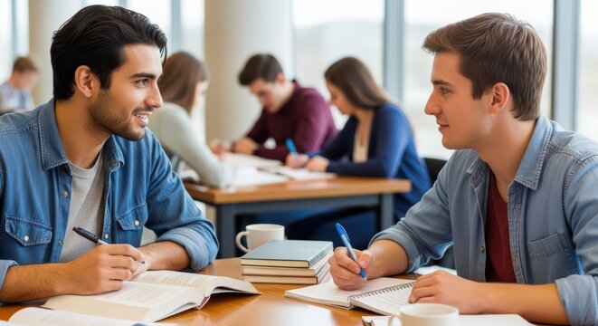 Young adult caucasian males studying at library with books and notebooks